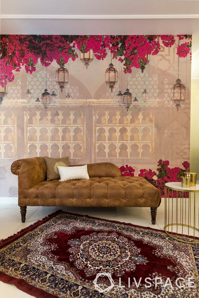 wall-treatments-custom-wallpaper-floral-hanging-lights-brown-daybed 