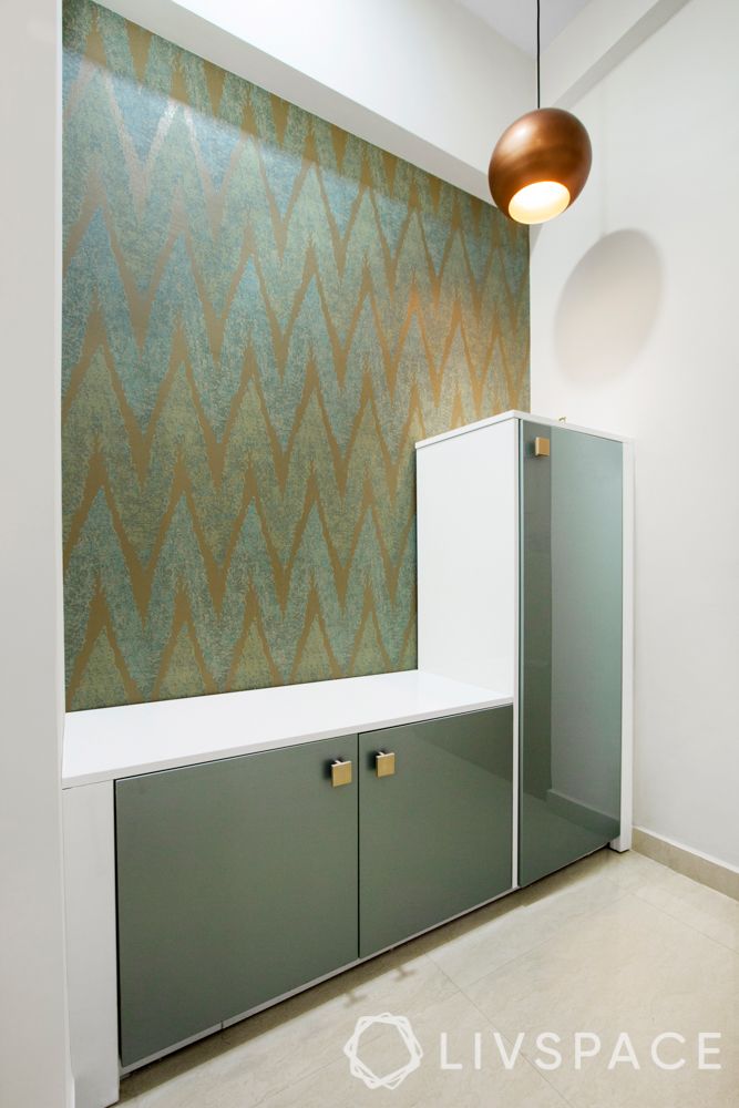 Foyer design-green pattern wallpaper-shoe cabinet-pendant light