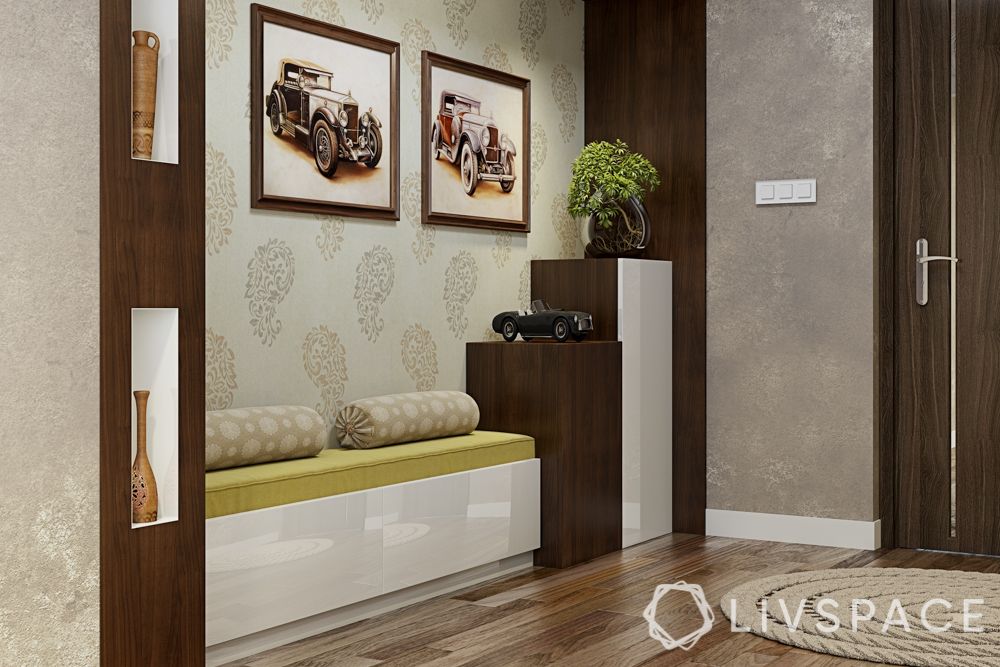 Foyer design-seating-wall niche-shoe cabinet