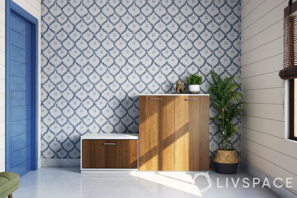 shoe cabinet-plants-blue door-wallpaper