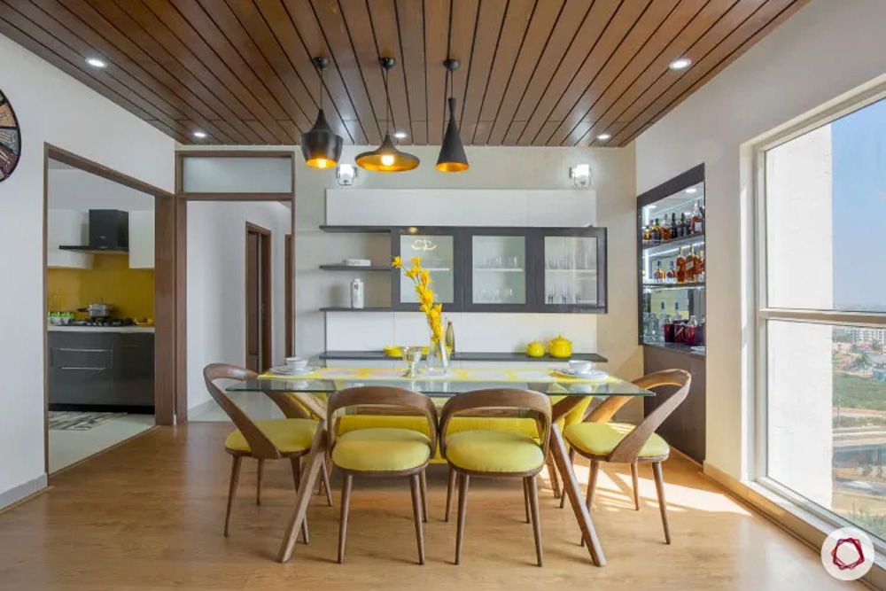 wooden-false-ceiling-with-black-pendant-lights