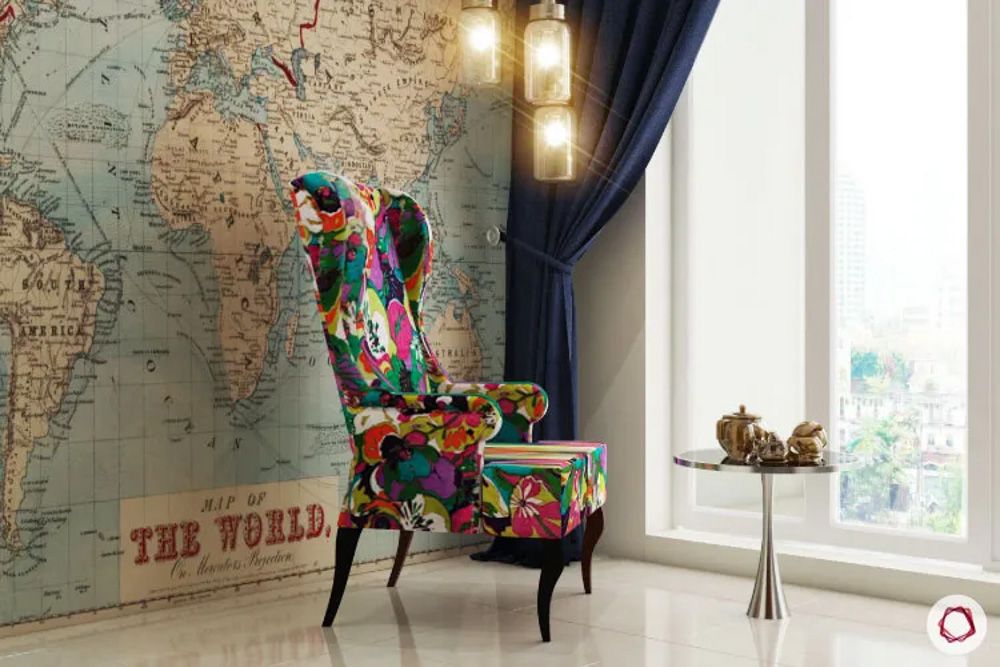 floral-accent-chair-with-world-map-wallpaper