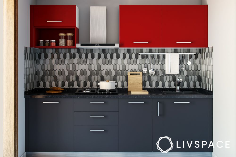 one-wall-kitchen-layout-with-red-upper-cabinets