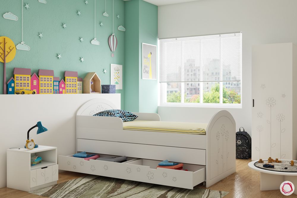 Children’s bedroom colours-green accent wall-white bed-side table-activity table