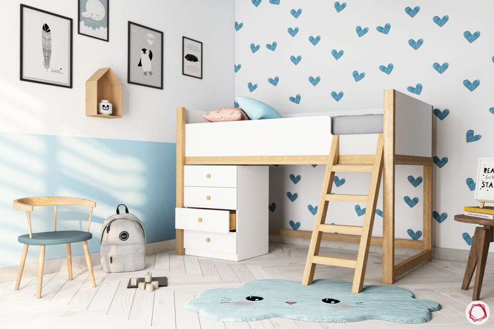 Children’s bedroom colours-white wallpaper-white bunk bed-wooden table