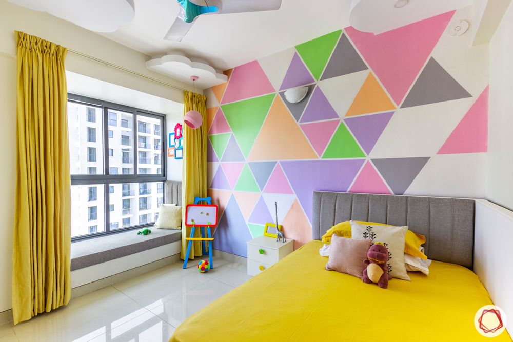 kids bedroom-bed designs-colourful accent wall-pop wall