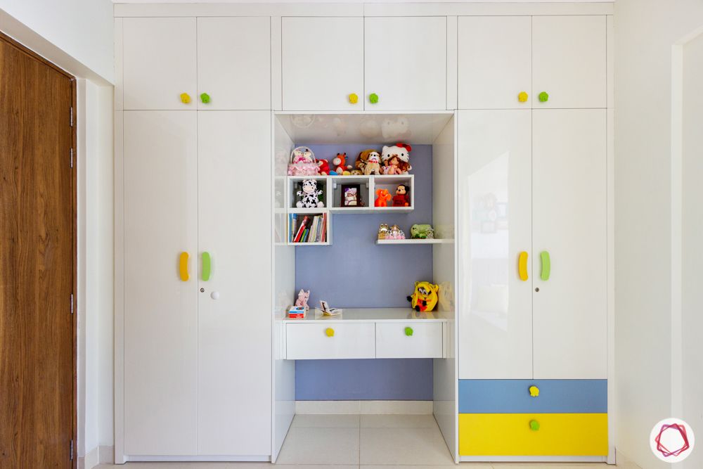 kids bedroom-wardrobe designs-white wardrobe-colourful handles