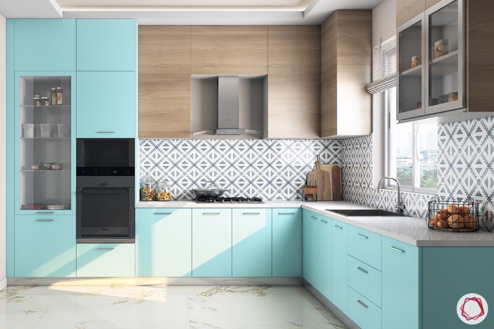 L-shaped-kitchen-blue kitchen-sink-cabinet designs-wall cabinet