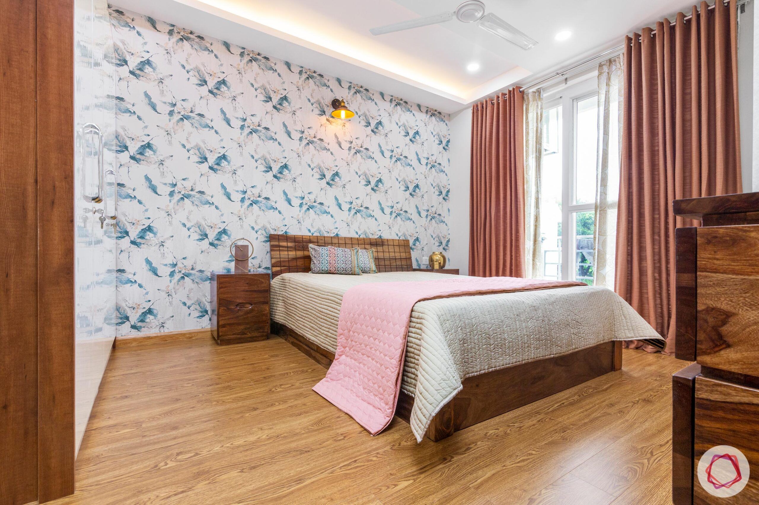 interior-in-gurgaon-master-bedroom-wooden-bed-floral-wallpaper