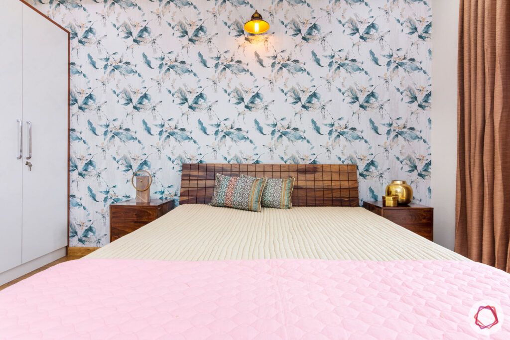 interior-in-gurgaon-master-bedroom-side-tables-floral-wallpaper