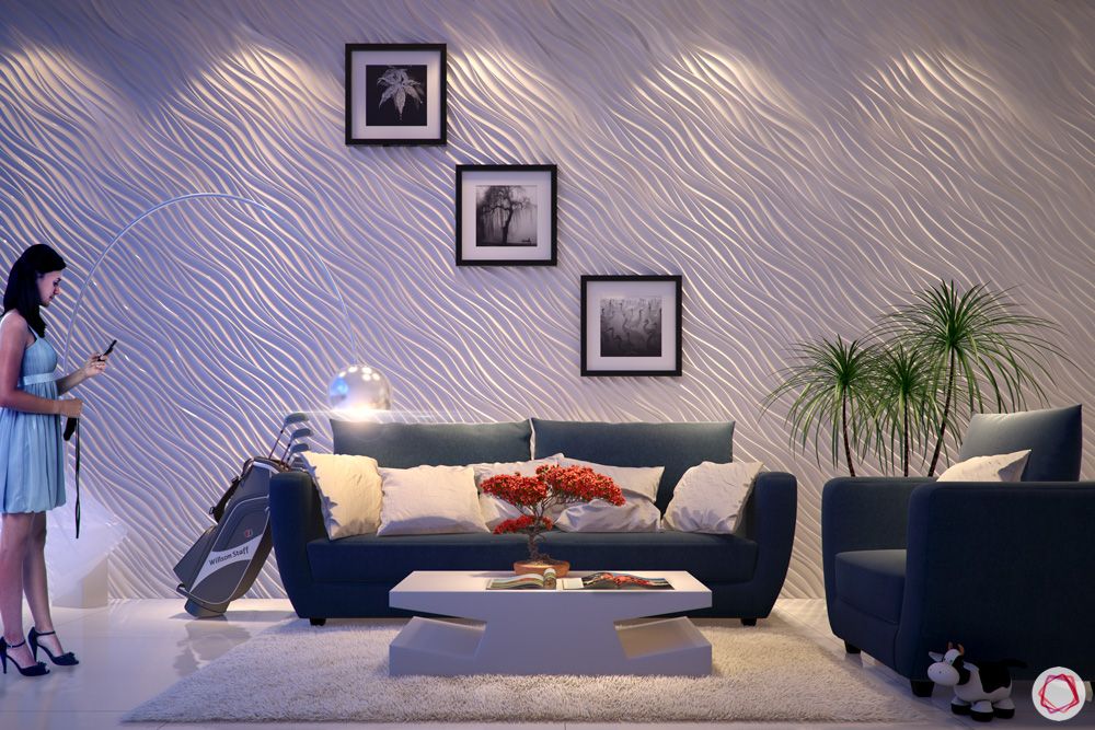 gypsum-white wall ideas-blue sofa designs