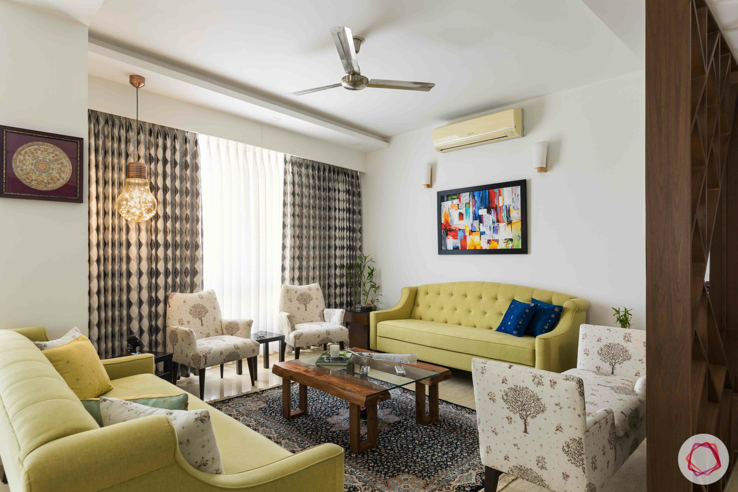 livspace gurgaon-yellow sofa designs-white armchair designs