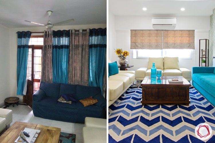 home makeover India-blue sofa-before and after images-carpet-window designs