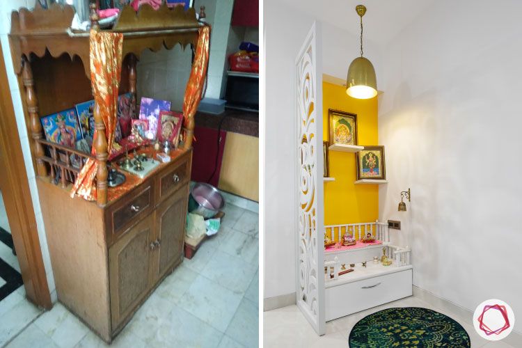 home makeover India-pooja room-before and after-wite mdf pooja room