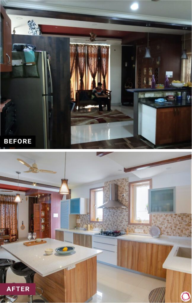 home makeover India-before and after-kitchen island-wooden cabinets
