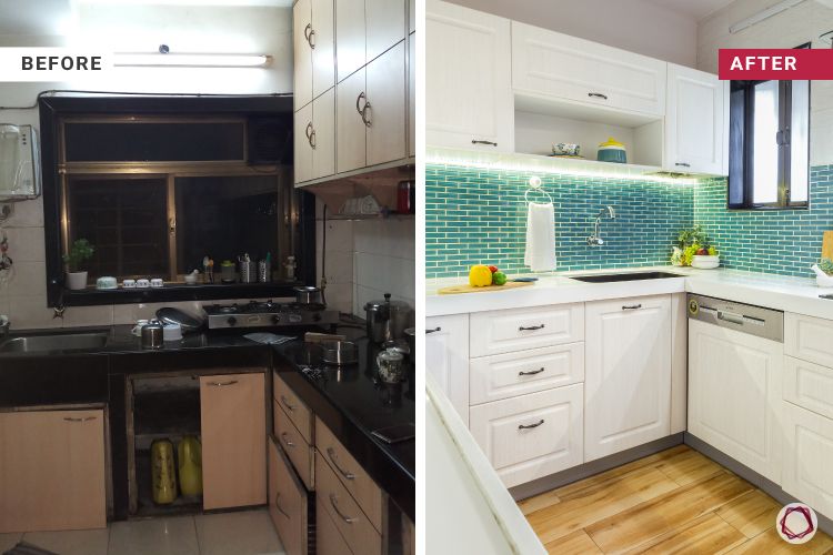 green backsplash-before and after-wooden flooring