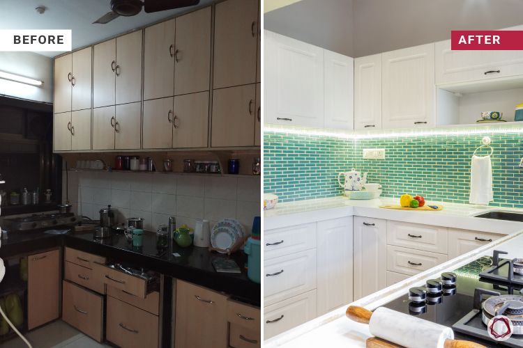 before and after-green backsplash-white cabinets