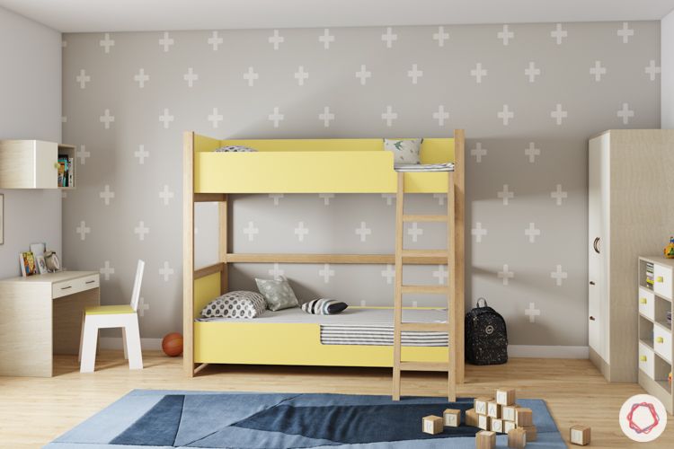 trundle bed-yellow bunk bed-kids room-cabinets-study unit