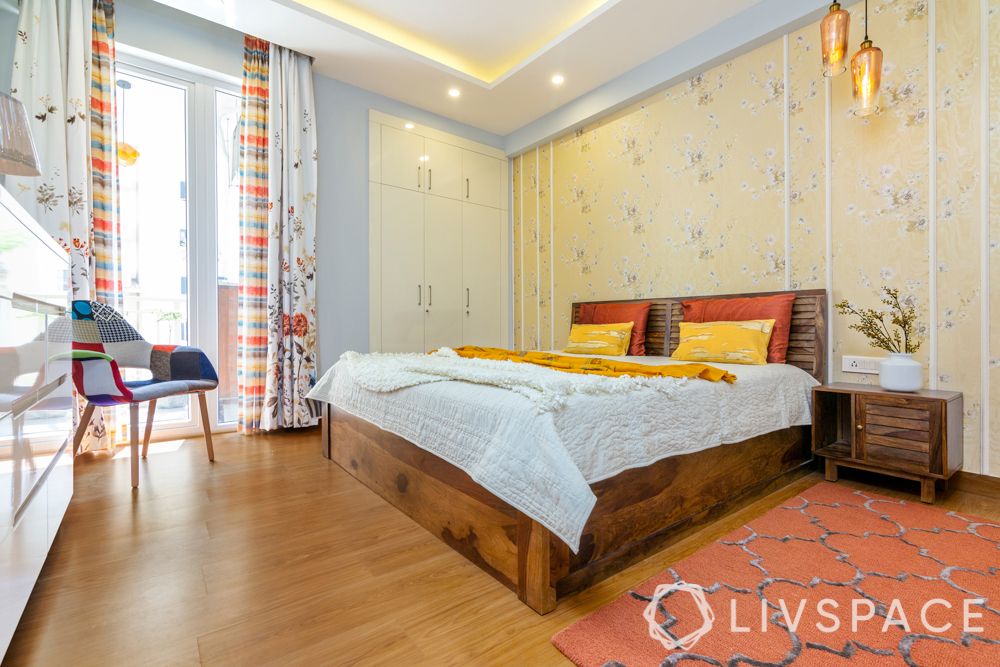 best-wood-for-bed-light-wood-wooden-bed-pendant-lights-floral-wallpaper