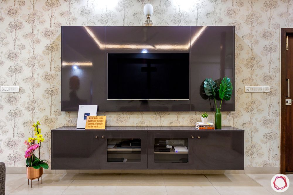 Salarpuria Sattva Aspire-wallpaper-floral-TV-unit-mounted