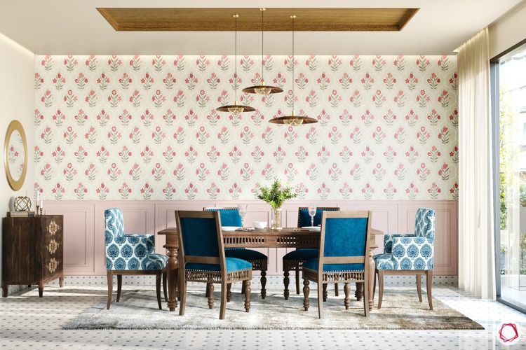 irrfan khan-dining room-upholatered chair-floral wallpaper-wooden furniture-pendant lights
