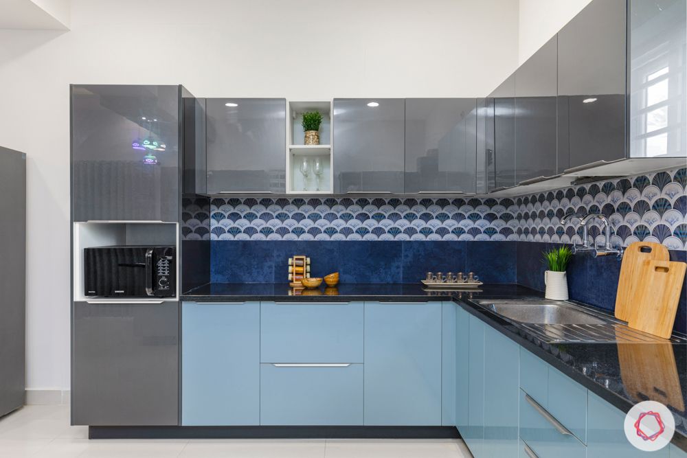 top interior designers in hyderabad-kitchen-grey and blue cabinets-blue backsplash