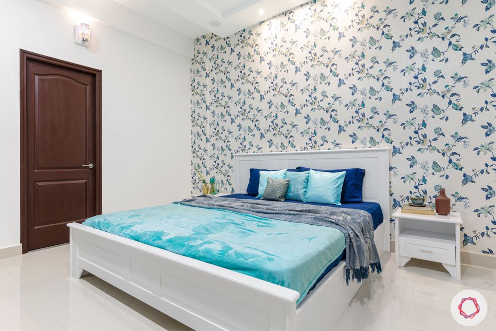 guest bedroom-white bed-blue and white theme