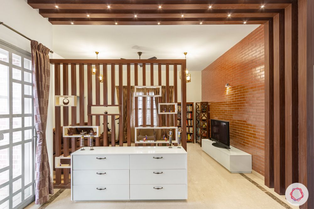 wooden partition with tv unit