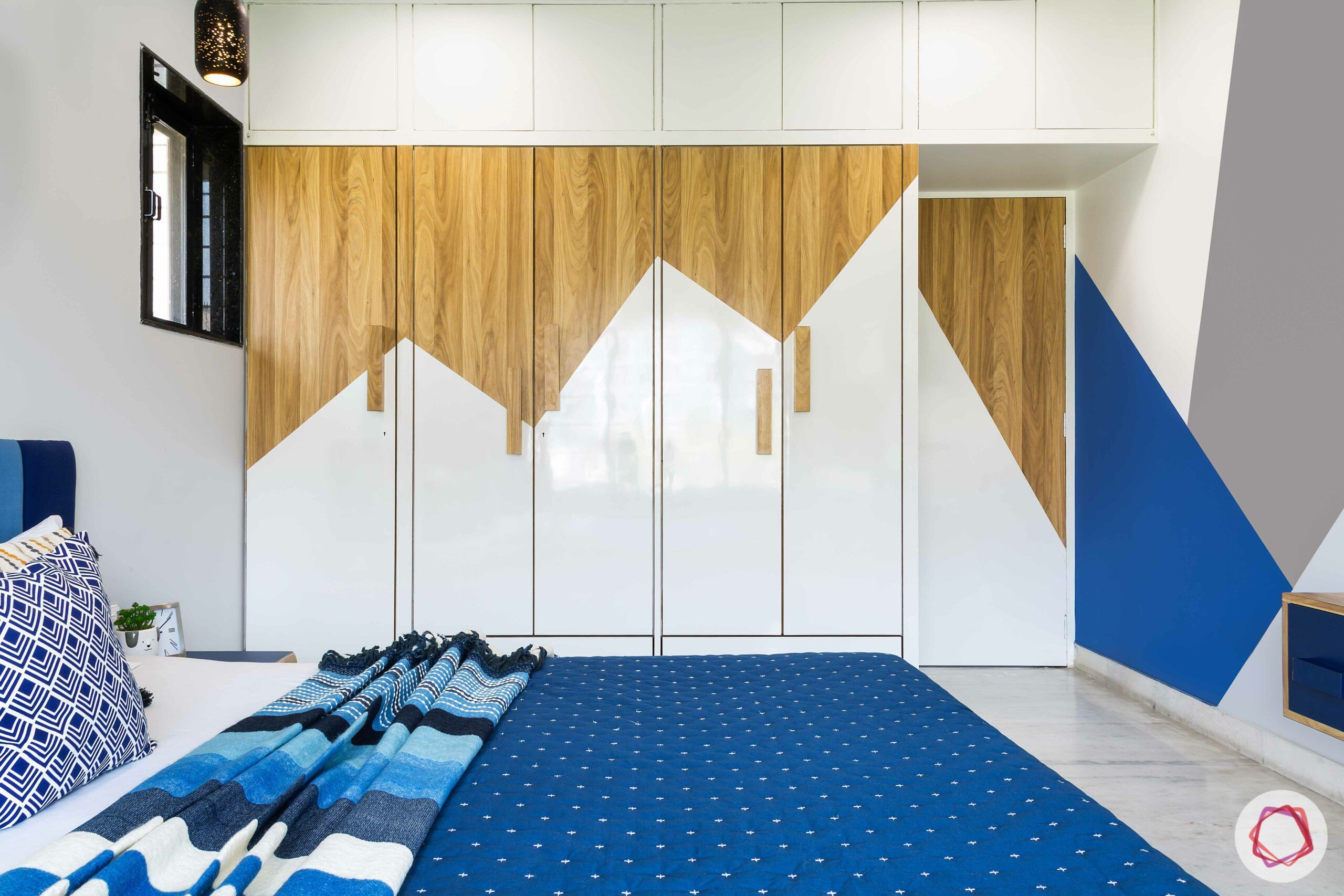 livspace wardrobe design-blue and white wooden wardrobe-hinged door wardrobe