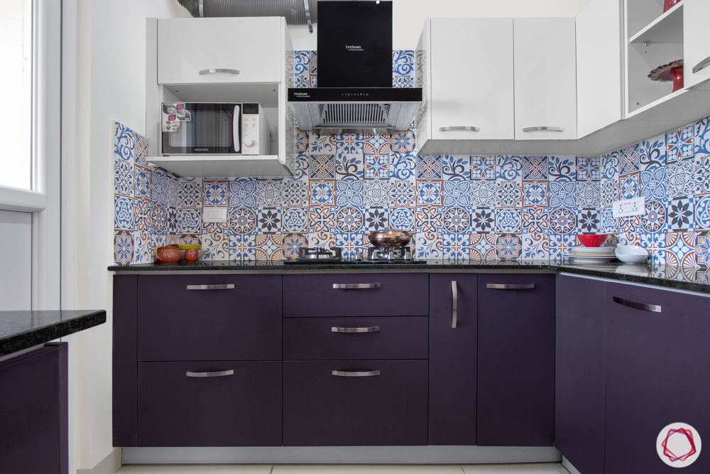 pattern backsplash-blue and white cabinets