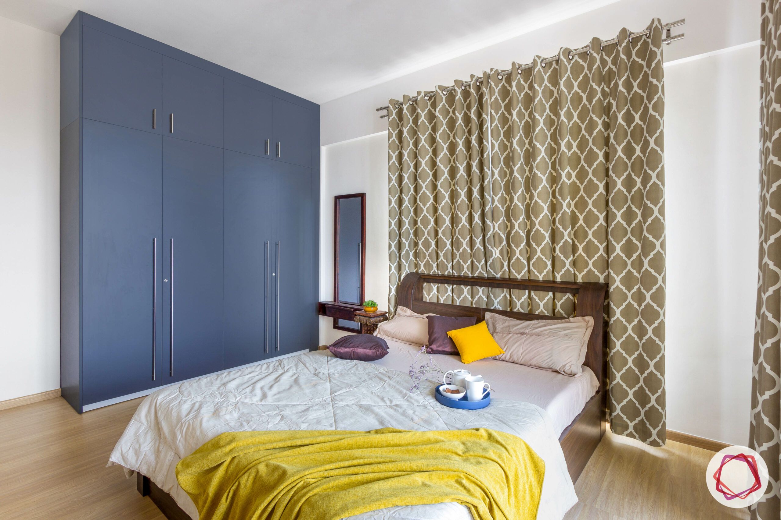 low budget home design-wooden bed-blue wardrobe