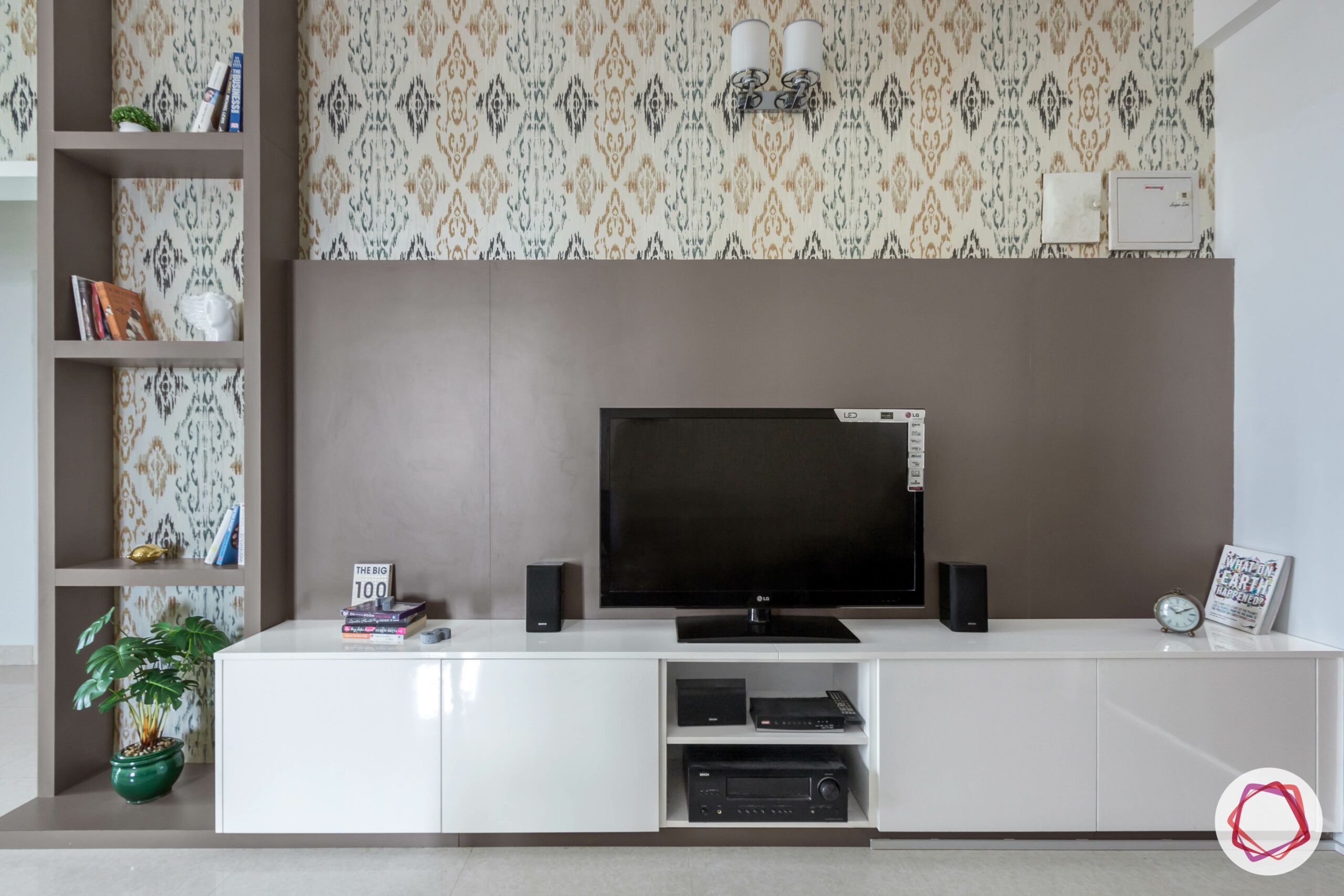 low budget home design-brown tv unit-motif wallpaper-open display unit