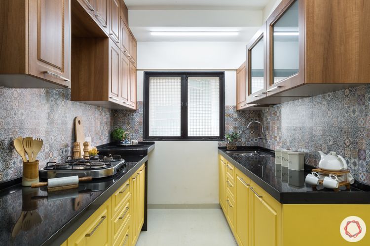 Livspace kitchen-parallel kitchen-yellow base cabinets-wooden top cabinets