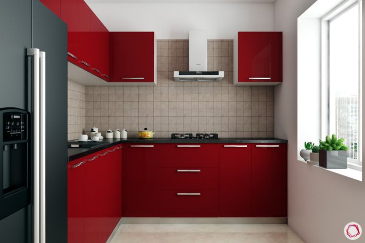 small compact kitchen ideas-red cabinets-compact kitchen-L-shaped kitchen