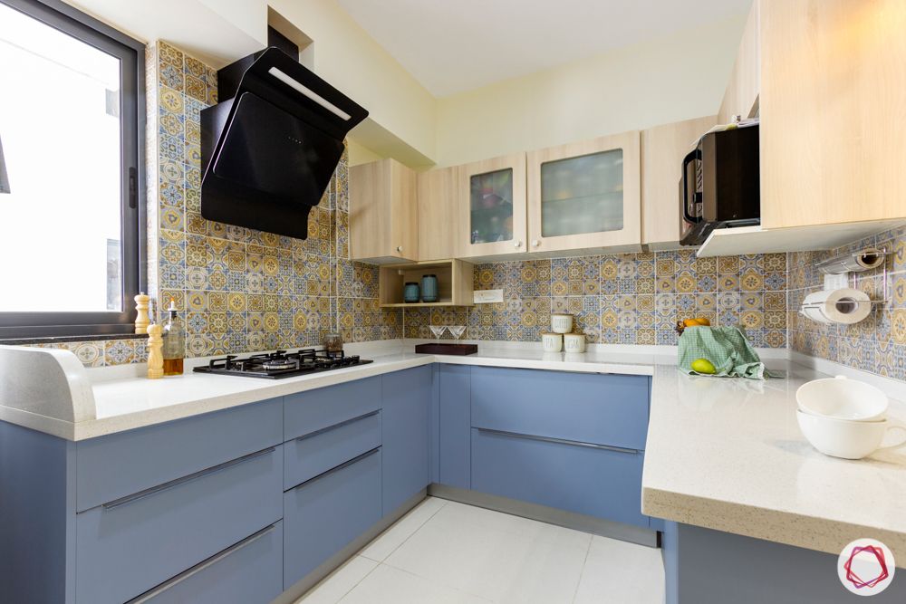 small compact kitchen ideas-blue and wood cabinets-compact kitchen-U-shaped kitchen