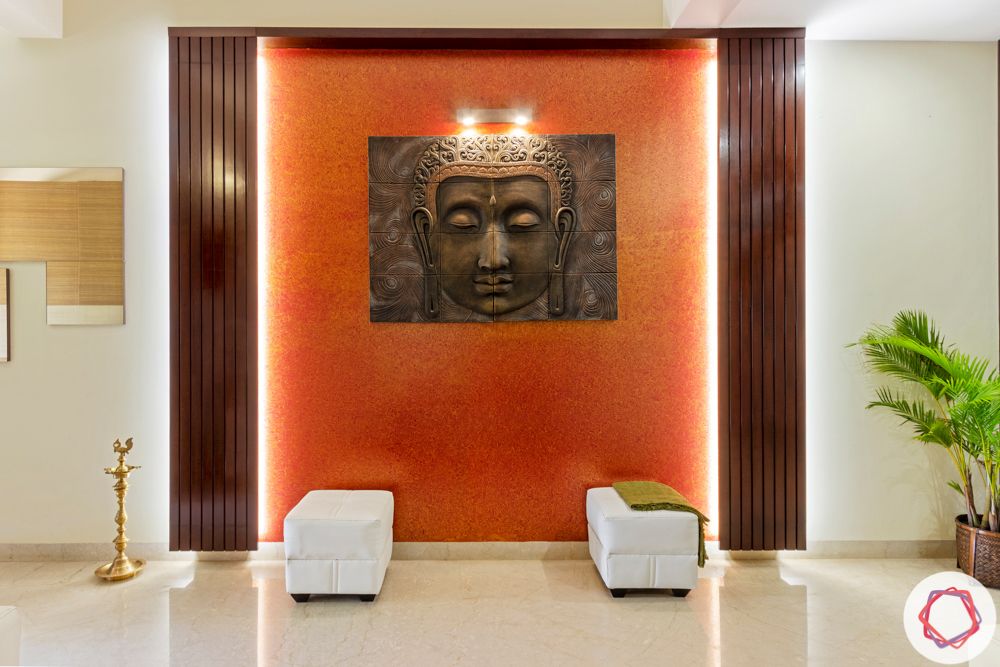 nambiar bellezea-living room-backlight wall-accent wall-buddha wall mount