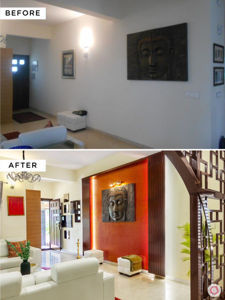 nambiar bellezea-orange wall-backlight-mdf jaali designs-buddha wall mount