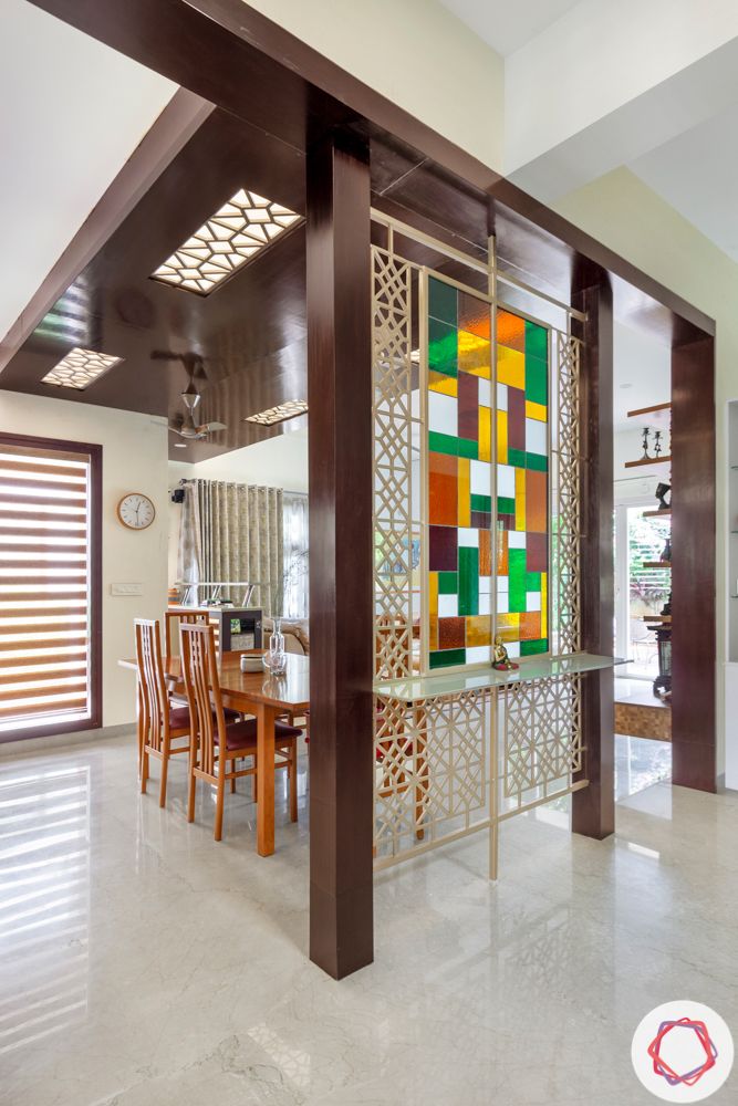 nambiar bellezea-dining room-stained glass--colourful glass partition-CNC jaali-dining room