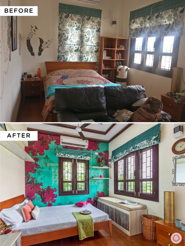 nambiar bellezea-bougainville wallpaper-window blinds-wood frame bed-wooden rafters-bench