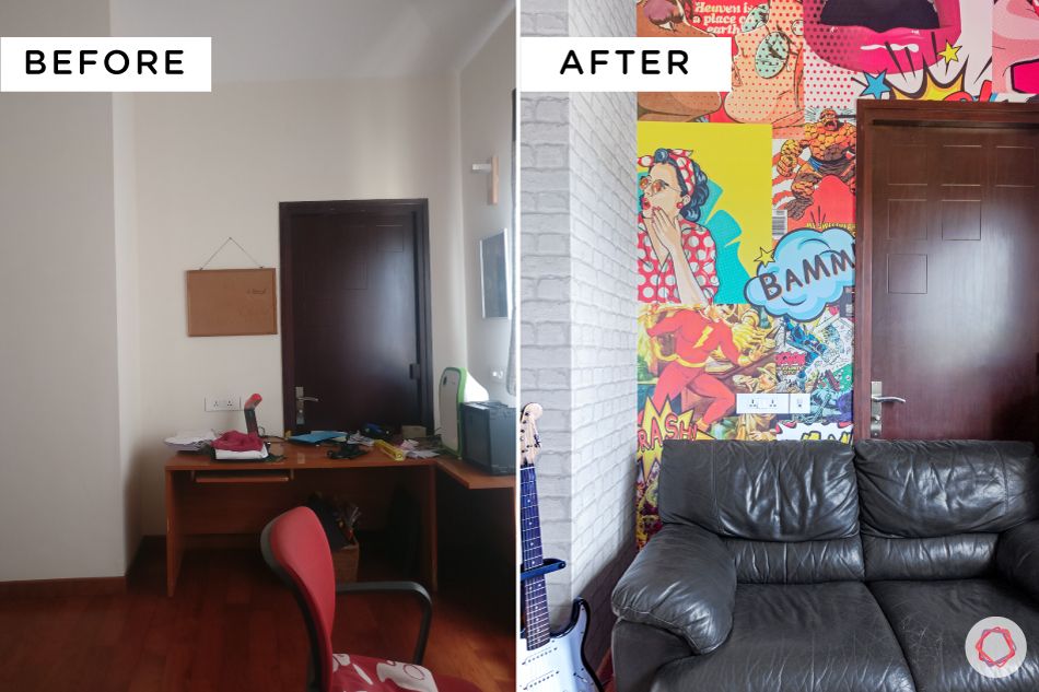 pop art wallpaper-black sofa-before and after