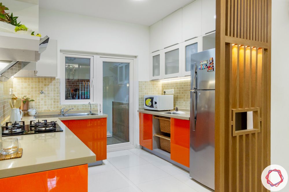 room partition ideas-wooden rafters partition-kitchen partition-orange and white cabinets