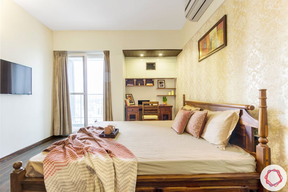 3BHK interior design-master-bedroom-TV-study-wooden-bed