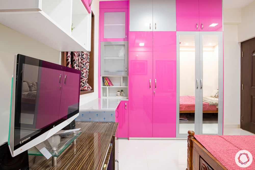 madhavaram serenity-daughters bedroom-pink and silver wardrobes-frosted cabinets