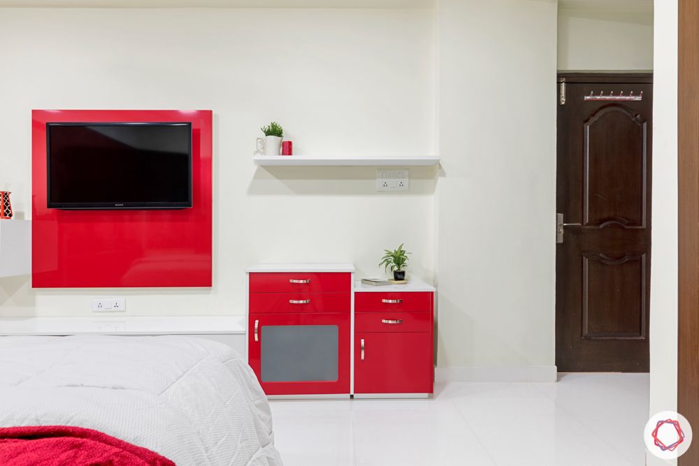 madhavaram serenity-Master Bedroom-red and white wardrobes-brown bed-tv unit