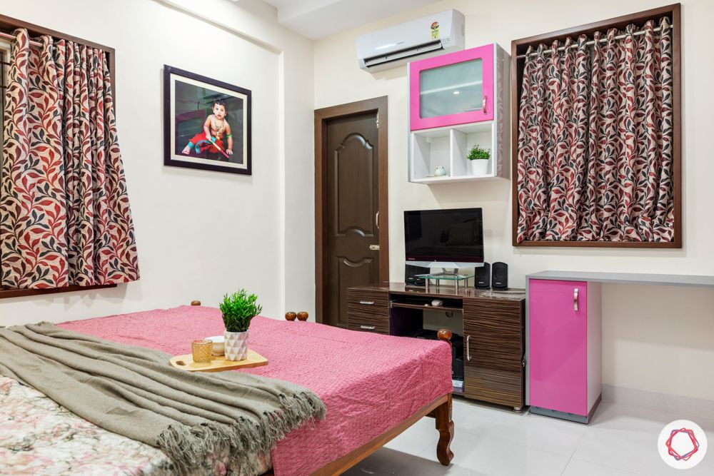 daughters bedroom-pink and silver wardrobes-frosted cabinets