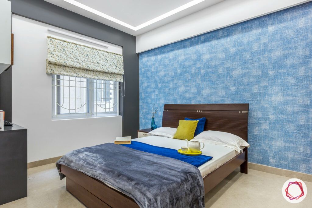  bangalore-home-design-bedroom-blue-wall-wooden-bed