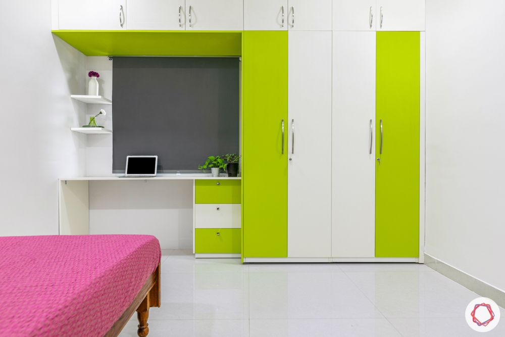 interior design for 3bhk flat-lime green wardrobe-kids room wardrobe