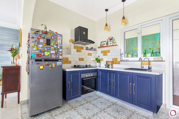 kitchen cupboard colours-blue-white-no-upper-fridge