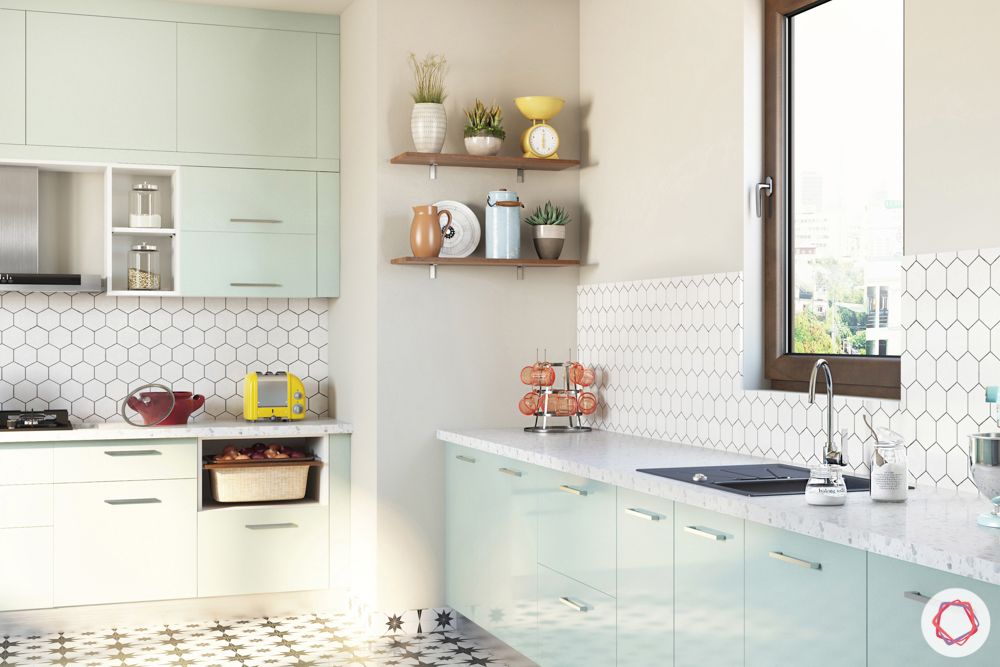 kitchen layout-mint green cabinets-fridge design-open shelf-wall cabinets-base cabinets