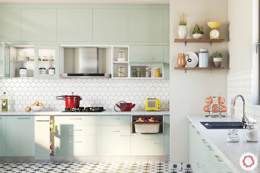 Alia Bhatt house-kitchen layout-mint green cabinets-fridge design-open shelf-wall cabinets-base cabinets